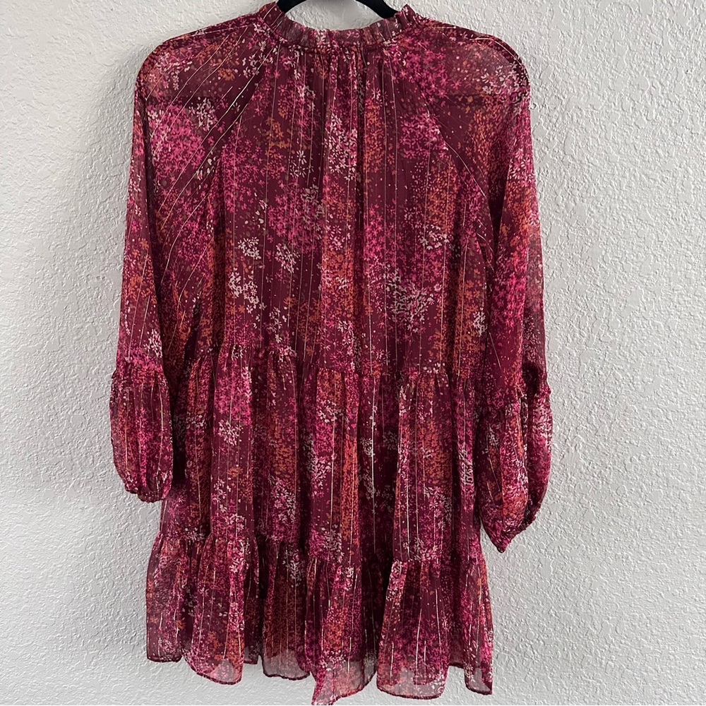 MSK Petite Floral Tiered Chiffon Dress PM Burgundy Romantic Boho Mini - Picture 5 of 13